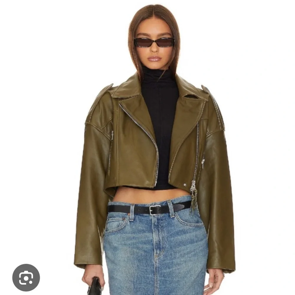 AGOLDE x SHOREDITCH SKI CLUB Cropped Leather Biker Jacket Remi Moto Olive Green - Picture 1 of 5